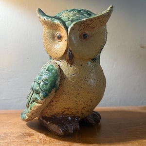 Vintage Stoneware Owl Figurine: Green Glazed Pottery, Rustic Farmhouse Decor