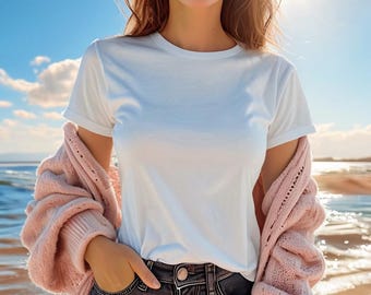 Kvinna i vit t-shirt mock-up modell