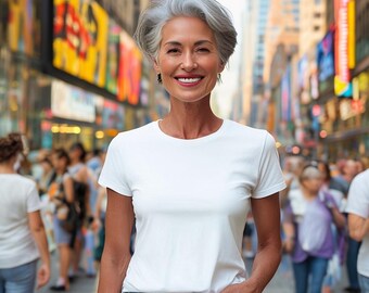 Kvinna i vit t-shirt mock-up modell