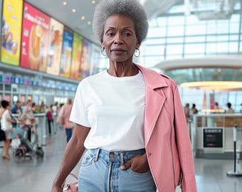 Kvinna i vit t-shirt mock-up modell