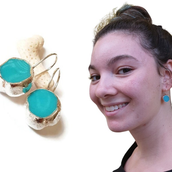 Turquoise Earrings, 925 Silver Earrings, Blue Circle Earrings, Enamel Earrings, Modern Earrings, Colorful Everyday Earrings, Christmas Gifts
