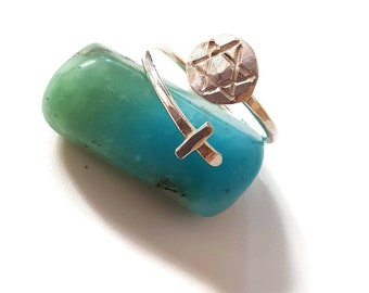 Cross And Jewish Star Ring, Religious Sterling Silver Ring, Adjustable Wrap Ring, Christmas Gifts