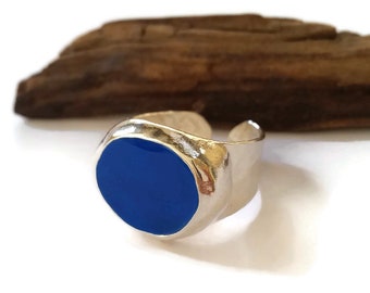 Unisex Ring, Blue Resin Ring, Statement Ring, Adjustable Ring For Women, Silver Ring For Men, Wide Silver Ring, Big Sterling Silver Ring