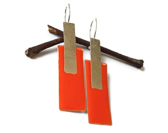 Long Rectangle Earrings For Women, Statement Geometric Earrings, Big Orange Earrings, Modern Sterling Silver Earrings, Enamel Earrings