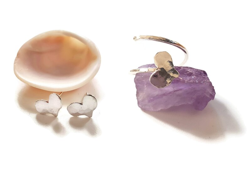 Silver Ring And Earring Everyday Ring Earring Set Sterling Silver Jewellery Set Dainty Heart Jewelry Minimalist Womens Jewelry