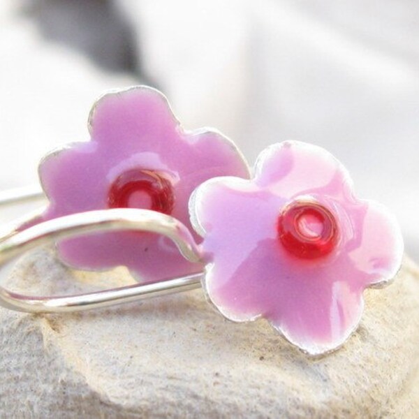 Girls Earrings Sterling Silver  Little Flower with Pink resin and Red Beads