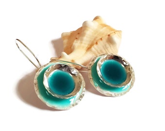 Turquoise Earrings, Sterling Silver Circle Earrings, Resin Earrings, Elegant Dangle Earrings, Gifts For Mom, Christmas Gifts