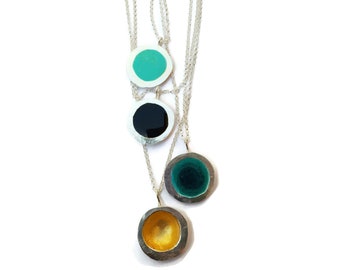 Sterling Silver Circle Necklace, Colorful Resin Necklace, Long Everyday Necklace For Women (Choose your favorite color), Christmas Gifts
