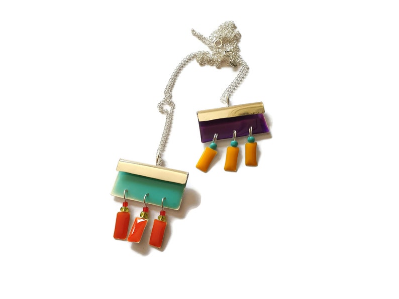 Enamel Necklace Long Silver Necklace Purple /& Yellow Fringe Pendant Necklace Christmas Gifts Colorful Resin Necklace Hippie Necklace