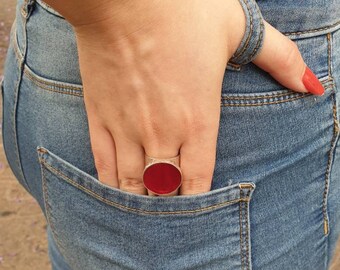 Red Resin Ring For Women, Sterling Silver Ring, Statement Ring, Adjustable Ring, Bohemian Ring, Hippie Ring, Large Ring, Wide Ring, Big Ring