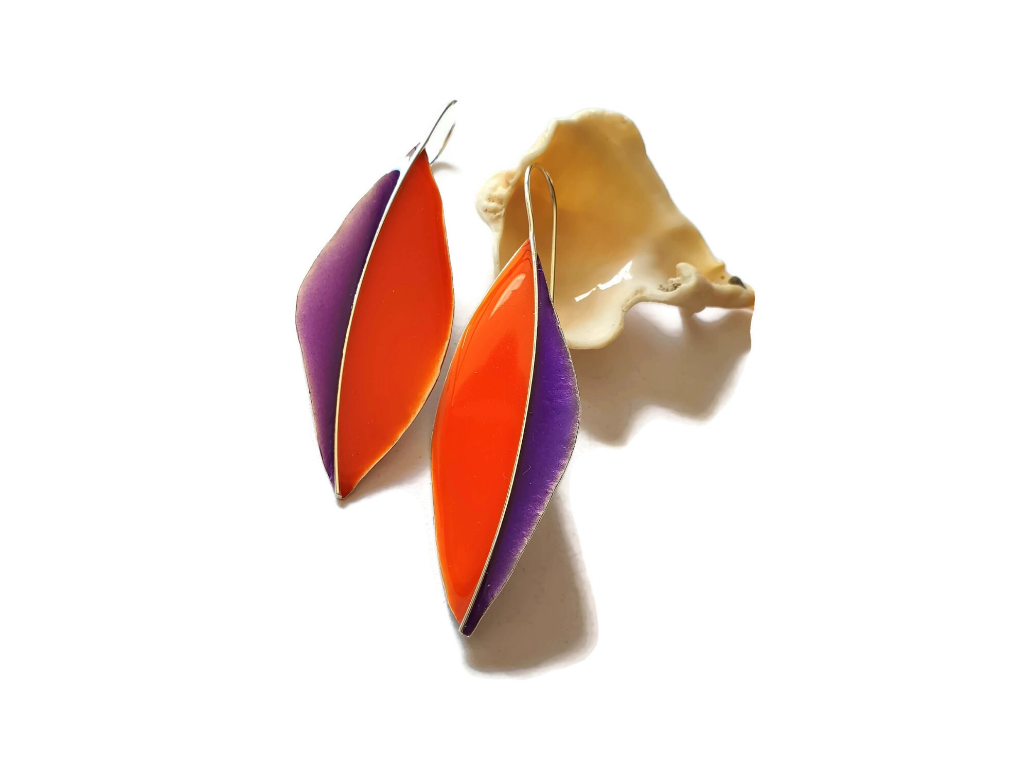 Long Leaf Earrings Orange-Purple Enamel Earrings Big | Etsy