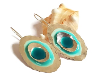 Light Blue Earrings For Women, Long Oval Earrings, Hammered Earrings, Big Sterling Silver Earrings, Enamel Earrings, Acrylic Earrings