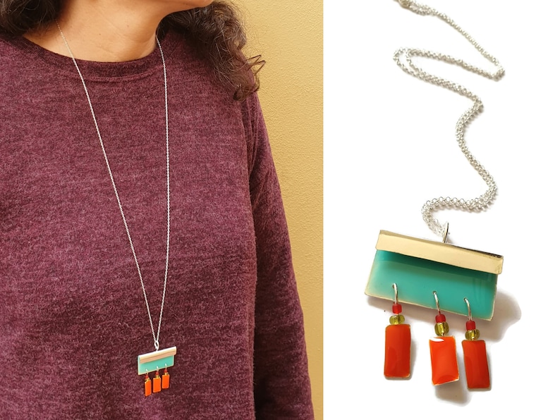Enamel Necklace Long Silver Necklace Purple /& Yellow Fringe Pendant Necklace Christmas Gifts Colorful Resin Necklace Hippie Necklace
