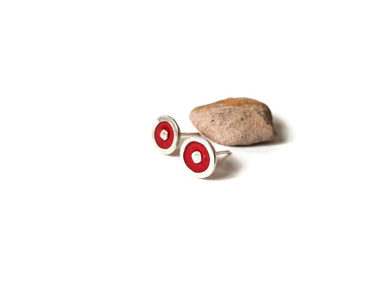 Minimalist Red Resin Studs, Sterling Silver Earrings For Women, Christmas Gifts image 1