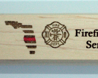 Personalized Firefighter Wood Pen Case: Thin Red Line, Laser Engraved