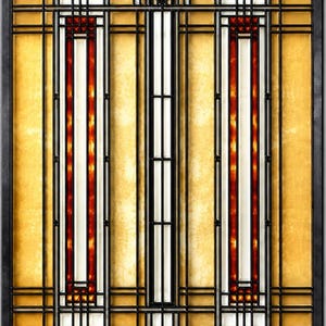 May include: A rectangular stained glass panel featuring a geometric grid pattern with black lead lines. The design incorporates amber, white, and deep red glass segments, with a prominent triangular amber and red motif at the top center.