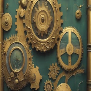 May include: A teal blue door with gold-colored metal embellishments, including gears, circles, and a large ornate clock face.