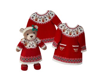 Knit a Teddy Matching Christmas Dress for Baby and Teddy