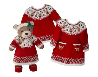 Knit a Teddy Matching Christmas Dress for Baby and Teddy