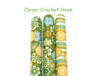 Crochet Hook, Polymer Clay Covered Clover Amour Crochet Hook, Ergonomic Crochet Hook, Flowers, Lemons, Stripes
