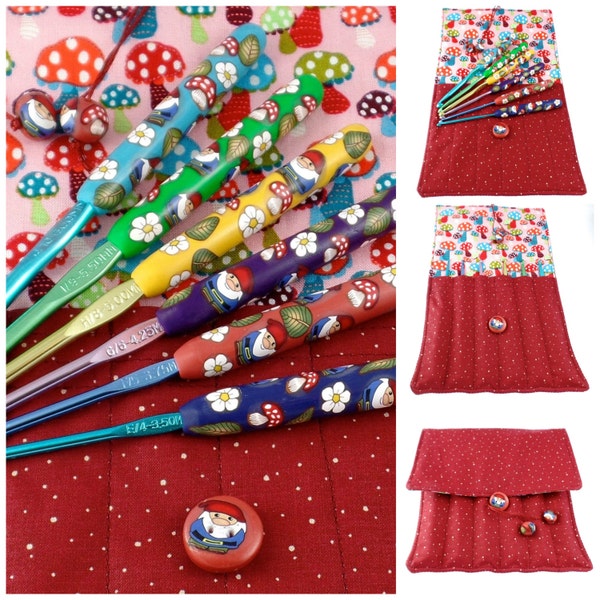 Crochet Hook Case with Set of Boye Crochet Hooks, Handmade with Polymer Clay, Gnome Design