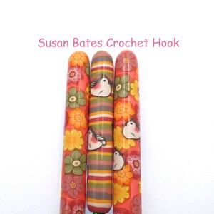Crochet Hook, Polymer Clay Covered Susan Bates Crochet Hook, Flowers, Birds, Stripes