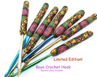 Crochet Hook, Polymer Clay Covered Boye Crochet Hook, Kaleidoscope Pattern, Abstract, Colorful, Limited Edition