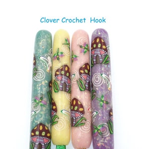 Crochet Hook, Polymer Clay Covered Clover Amour Crochet Hook, Ergonomic Crochet Hook, Fairy, Magical, Mushroom, Dragonfly