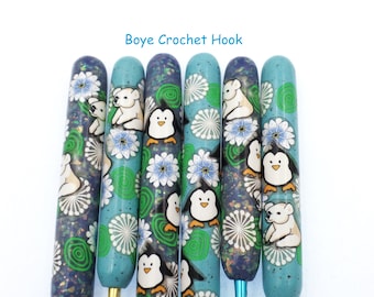 Crochet Hook, Polymer Clay Covered Boye Crochet Hook, Penguin, Polar Bear, Ice, Flowers, Kawaii