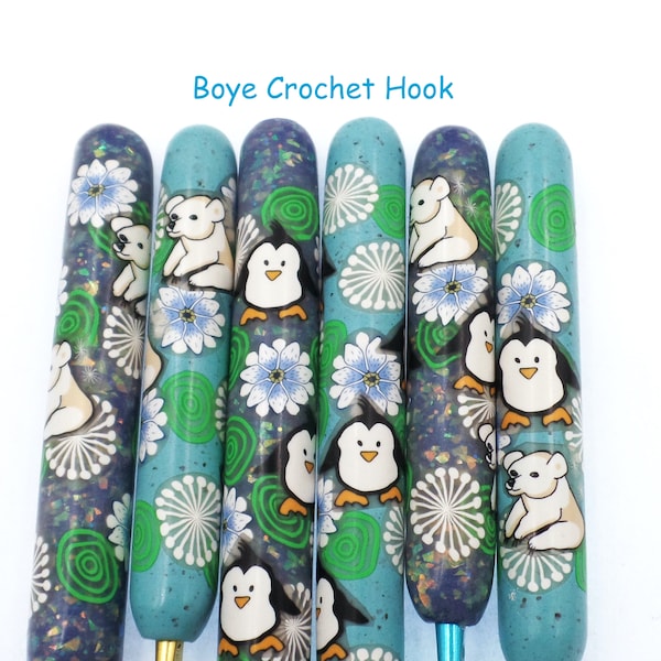 Crochet Hook, Polymer Clay Covered Boye Crochet Hook, Penguin, Polar Bear, Ice, Flowers, Kawaii