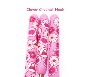 Pink Crochet Hook, Polymer Clay Covered Clover Amour Crochet Hook, Fashion Doll, Doll Accessories, Flowers, Purse, Crown