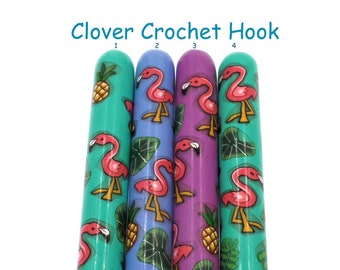 Clover Crochet Hook, Polymer Clay Covered Clover Amour Crochet Hook, Ergonomic Crochet Hook,Flamingo, Pineapple, Tropical