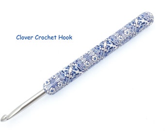 Crochet Hook, Polymer Clay Covered Clover Amour Crochet Hook,  Portuguese Tile, Kaleidoscope