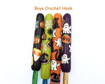 Halloween Crochet Hook, Polymer Clay Covered Boye Crochet Hook, Witches Hat, Black Cat, Jack-o'-Lantern