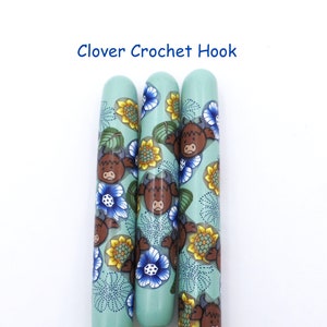 Crochet Hook, Polymer Clay Covered Clover Amour Crochet Hook,  Cow, Highland Cow, Flowers, Farm Animal