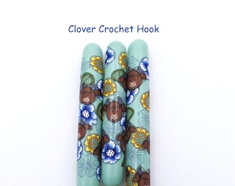 Crochet Hook, Polymer Clay Covered Clover Amour Crochet Hook,  Cow, Highland Cow, Flowers, Farm Animal