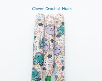 Clover Crochet Hook, Polymer Clay Covered, Octopus, Seal, Ocean, Ocean Creatures, Ergonomic Crochet Hook, Kawaii