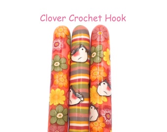 Crochet Hook, Polymer Clay Covered Clover Amour Crochet Hook, Ergonomic Crochet Hook, Flowers, Birds, Stripes