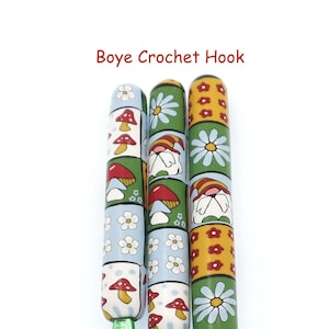 Crochet Hook, Boye Polymer Clay Covered Crochet hook, Quilt, Mushroom, Gnome Flowers