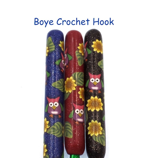 Crochet, Polymer Clay Covered Boye Crochet Hook, Crochet Hook tailles B-N, Owl Design, Night Owl