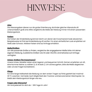 May include: A pink and white informational document with the word "HINWEISE" at the top. The document provides details on clothing care, sizing, and color variations. Text includes care instructions, size guides, and contact information.