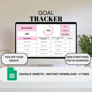Puede incluir: Un monitor de computadora muestra un rastreador de objetivos rosa y blanco para 2025. La pantalla muestra una barra de progreso al 75%, con secciones para objetivos anuales y estado de finalización. El texto dice "Goal Tracker".