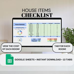 Puede incluir: Una pantalla de ordenador que muestra una hoja de cálculo de Google Sheets con una lista de verificación de artículos para el hogar. La hoja de cálculo incluye un resumen de la casa, un desglose de los costes por habitación y un presupuesto total de 13.000 €. La hoja de cálculo está organizada en pestañas para cada habitación, con un total de 13 pestañas. El texto "VIEW THE COST OF EACH ROOM!" se muestra debajo de la pantalla. El texto "GOOGLE SHEETS INSTANT DOWNLOAD 13 TABS" se muestra debajo de la pantalla.