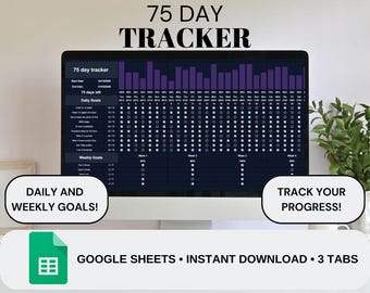 Seguimiento de 75 días (tema oscuro) / Desafío de 75 días / Desafío de 75 días / Seguimiento digital / Hoja de cálculo de Google / Seguimiento de objetivos / Desafío de objetivos