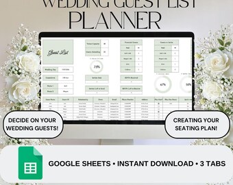 Planificador de lista de invitados para bodas ecológicas / Plano de asientos / Planificador de bodas / Lista de invitados / Seguimiento de invitaciones y confirmaciones de asistencia / Hojas de cálculo de Google