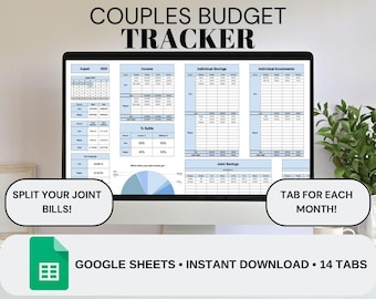 May include: A computer monitor displays a "Couples Budget Tracker" spreadsheet. The screen shows financial planning sections for income, savings, and investments. Text on the screen includes "Split Your Joint Bills!" and "Tab for Each Month!" The bottom banner reads "Google Sheets • Instant Download • 14 Tabs."