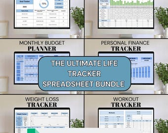 El paquete definitivo de hojas de cálculo Blue Life Tracker: seguimiento de objetivos, seguimiento de presupuesto mensual, seguimiento de entrenamiento y seguimiento de actividad física.
