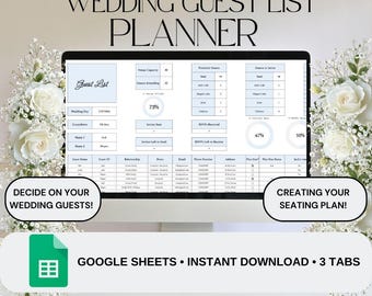 Planificador de lista de invitados y plano de asientos para bodas en color azul / Planificador de bodas / Lista de invitados / Seguimiento de invitaciones y confirmaciones de asistencia / Plantilla de Google Sheets