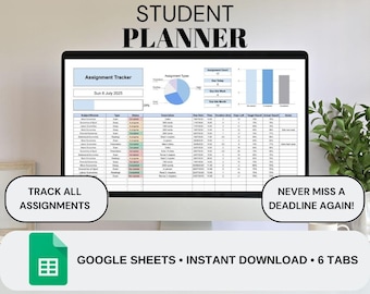 May include: A computer screen displaying a student planner template. The screen shows an assignment tracker, assignment types, and assignment count. Text on the screen includes "Student Planner", "Track All Assignments", and "Never Miss a Deadline Again!"