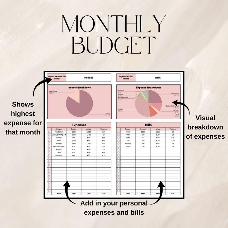May include: A monthly budget template with the title "MONTHLY BUDGET" at the top. The template includes sections for income and expense breakdowns, with pie charts for visual representation. It also has areas to add personal expenses and bills.